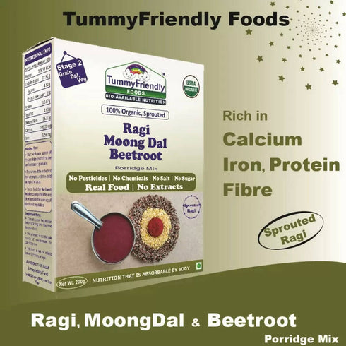 TummyFriendly Foods Organic Sprouted Ragi | Moong Dal | Beetroot Porridge Mix